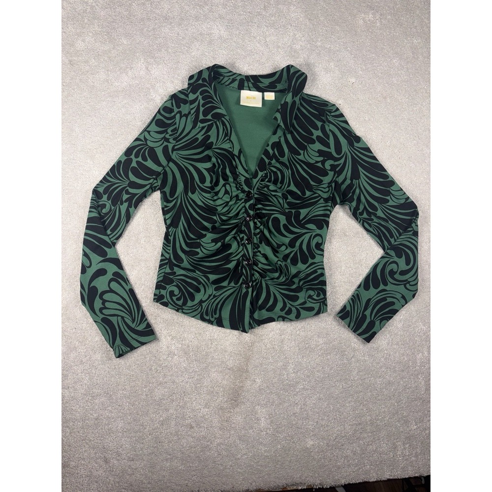 maeve anthropologie top Black Green Ruched Button Front Medium Long Sleeve